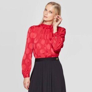 Who What Wear Red Dot Long Sleeve Mock Turtleneck Pleated Button Blouse, Red, S